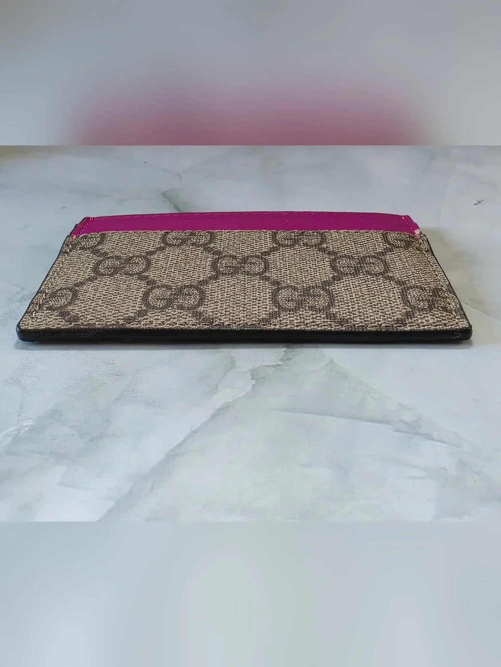 Gucci GG Canvas Card Holder with Pink Leather Trim